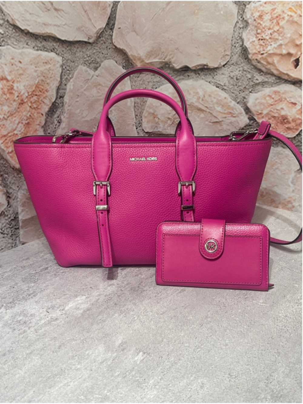 Michael Kors Moore Med Pebble Leather Satchel & Matching Wallet Wildberry Pink